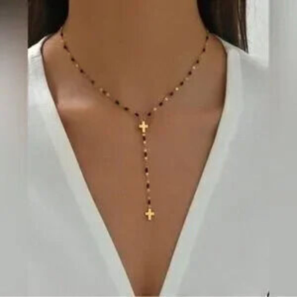 Gold Plated Stainless Steel Cross Beaded Lariat Necklace